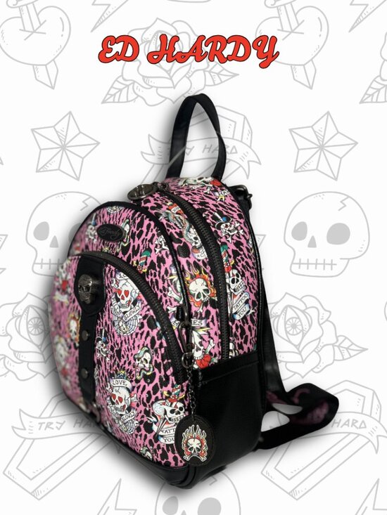 NWT Ed Hardy Pink Cheetah Skull Backpack Purse Rare Y2K main image 9